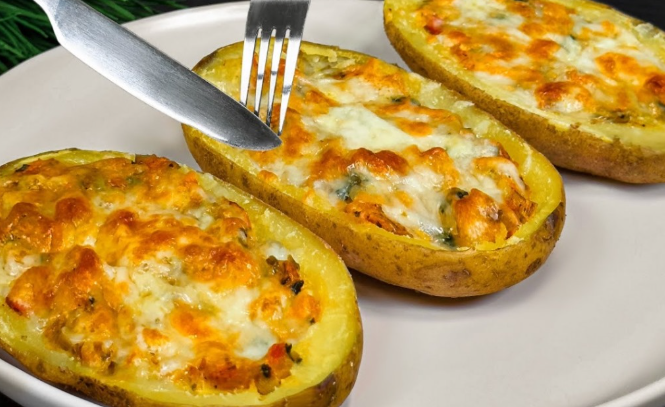 Patate al forno al formaggio con pancetta, verdure e salsa di panna acida