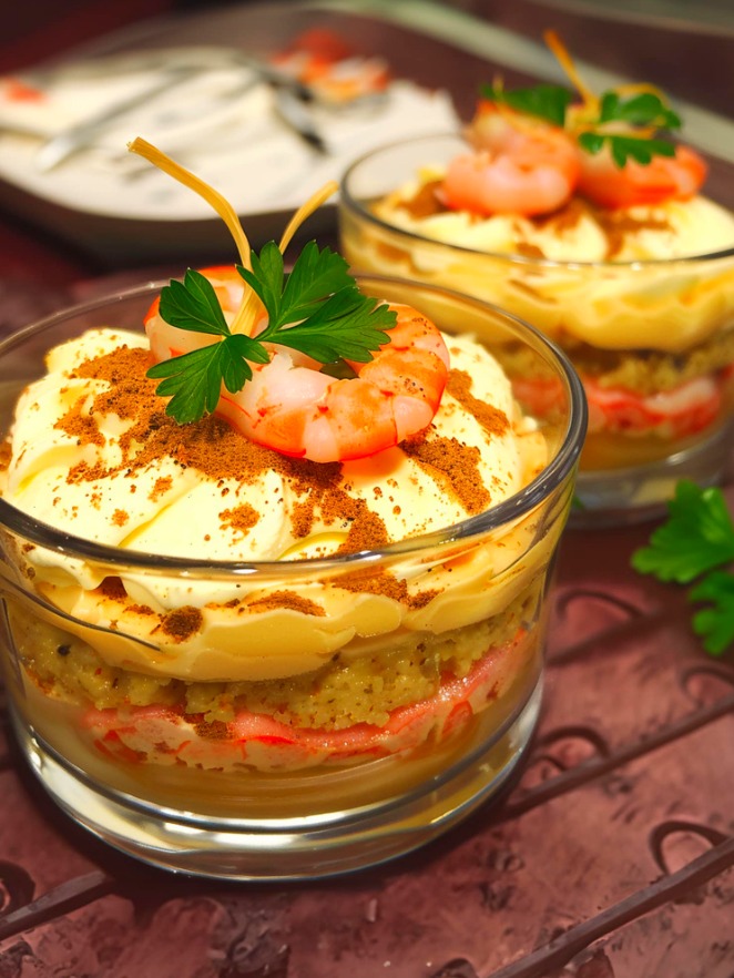 Tiramisù con Gamberi Rosa: un antipasto raffinato e sorprendente! 🍤