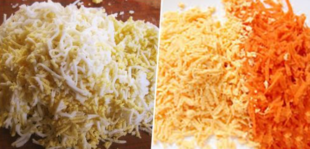 Ricetta francese – Insalata leggera e gustosa – Preparata con 4 carote, 4 uova sode, 200 g di formaggio, 2 spicchi d’aglio0