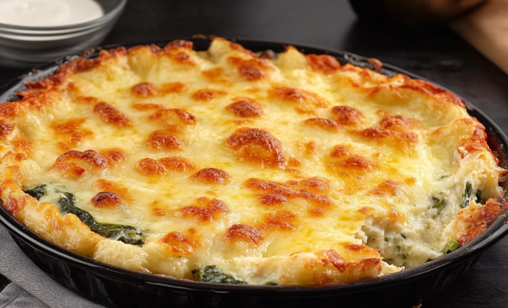 Torta salata di spinaci e ricotta con salsa al formaggio blu