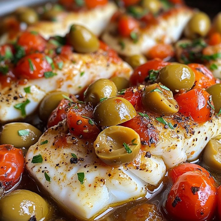 Merluzzo mediterraneo al forno con pomodori e olive