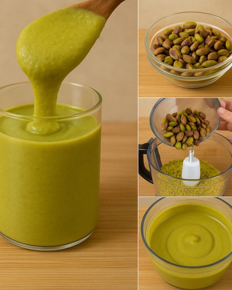Il segreto per ottenere una crema di pistacchi liscia e dal colore verde brillante è quello di far bollire i pistacchi per 5 minuti, lasciarli raffreddare e togliere la pellicina marrone.