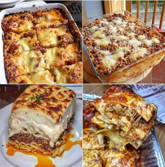 Lasagne con melanzane, pollo, carne e formaggio