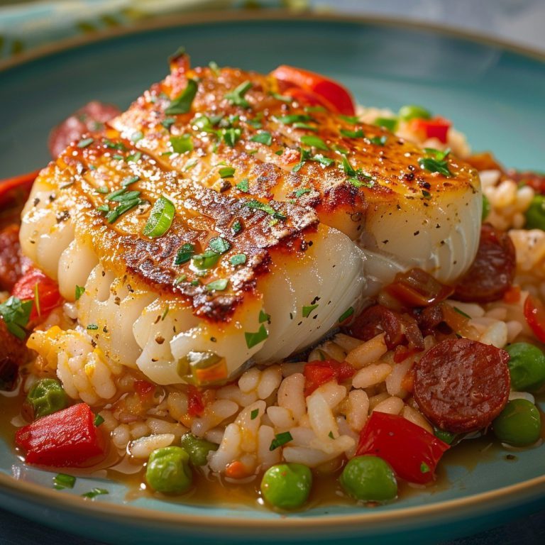 Bistecca di merluzzo su letto di riso chorizo