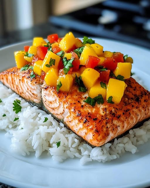 Salmone Tropicale con Salsa di Mango e Riso al Vapore: Un Piatto Fresco e Gustoso